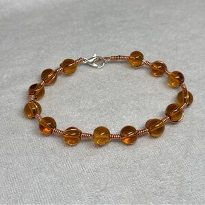 Amber Glass Bead Bracelet with Copper Wire - Elegant Amber Tone